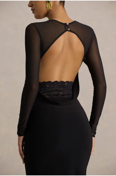 Bethan | Black Cowl-Neck Maxi Dress With Mesh Sleeves And Open-Back