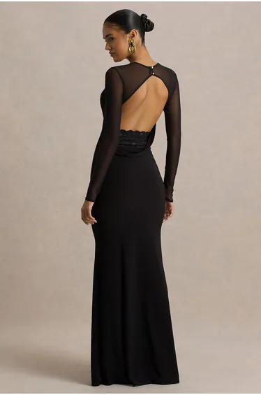 Bethan | Black Cowl-Neck Maxi Dress With Mesh Sleeves And Open-Back