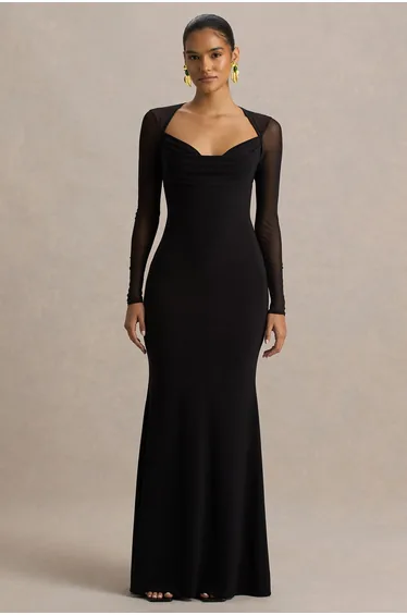 Bethan | Black Cowl-Neck Maxi Dress With Mesh Sleeves And Open-Back