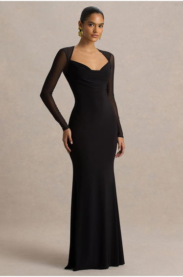 Bethan | Black Cowl-Neck Maxi Dress With Mesh Sleeves And Open-Back
