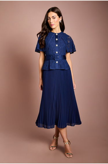 Cape Sleeve Lace 2 in 1 Pleated Skirt Midi Dress