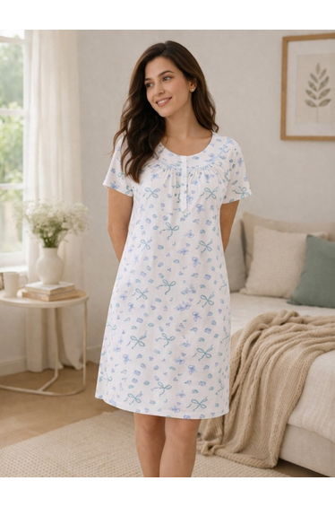 Green Printed Nightdress with Button Placket