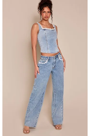 Mid Blue Brioderie Trim Detail Wide Leg Jeans