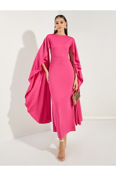 Long Drape Slit Sleeves Mermaid Hem Maxi Dress
