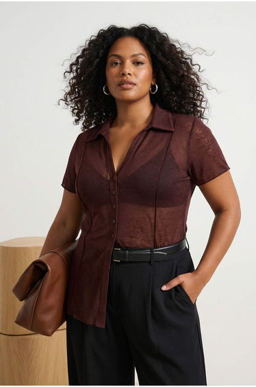 Brown Shirt Collar Transparent Bodycon Stretchy Knitted Plus Size Blouse