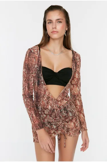 فستان قصير ضيق شيفون بأكمام طويلة - بني