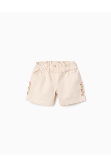 Twill shorts with embroidery and paperbag waist for girls light beige