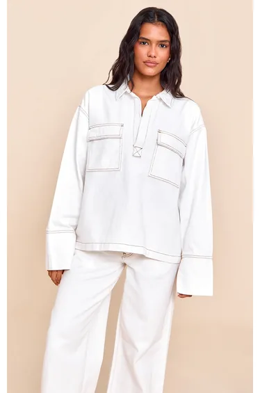 White Pocket Detail Oversized Denim Shirt