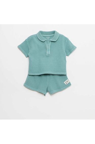 2-piece Waffle Knit Polo and Shorts Set BLUE