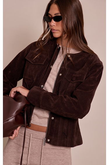 Chocolate Faux Suede Covered Button Cinch Waist Jacket