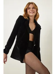 Women's Black Stylish Velvet Blazer Jacket - 1