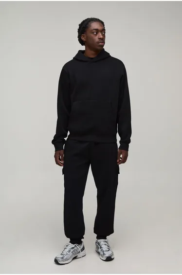 Boxy Hooded Cargo Tracksuit - black