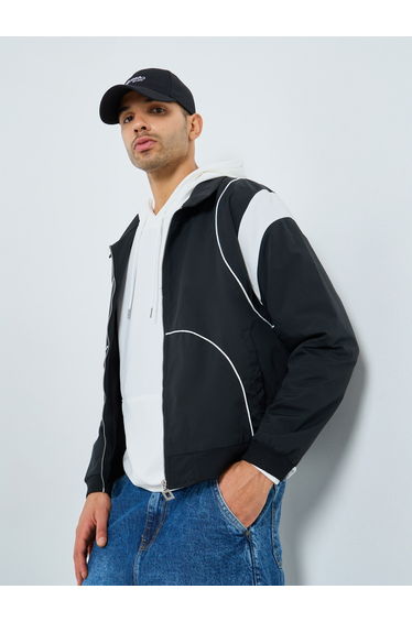 Men Black Cut and Sew Panel Bomber Jacket