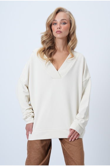 Women's Ecru V-Neck Double-Breasted Oversize Sweatshirt
