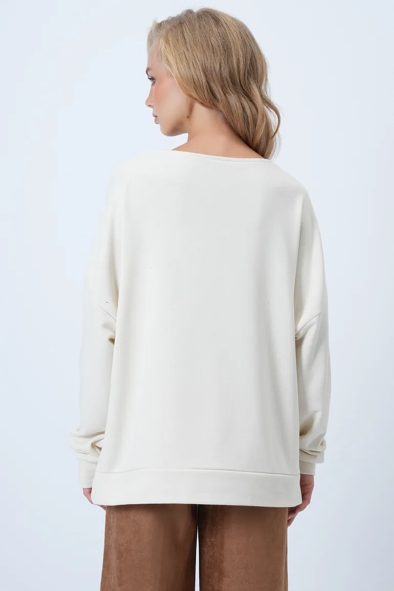 Women's Ecru V-Neck Double-Breasted Oversize Sweatshirt - 6