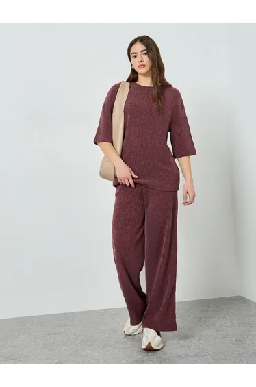 Burgundy Textured Wide Leg Knit Joggers