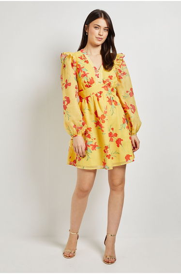 Yellow Floral Printed Frill Detail Blouson Sleeve Mini Dress