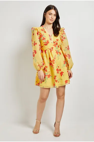 Yellow Floral Printed Frill Detail Blouson Sleeve Mini Dress