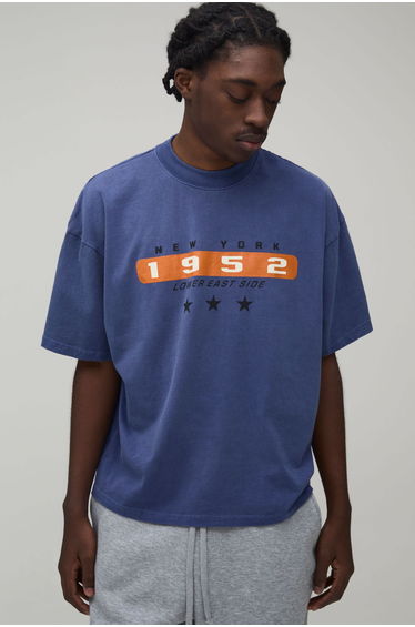 Washed Oversized Boxy New York Print T-Shirt - washed blue