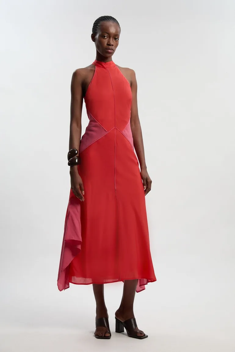 Colour Block Fluid Tencel Halter Neck Woven Maxi Dress