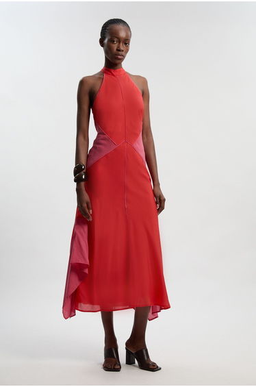 Colour Block Fluid Tencel Halter Neck Woven Maxi Dress