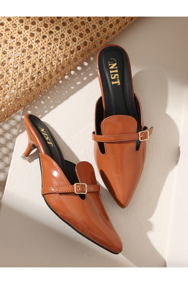 Buckle Detail Pointed Toe Kitten Heel Mules