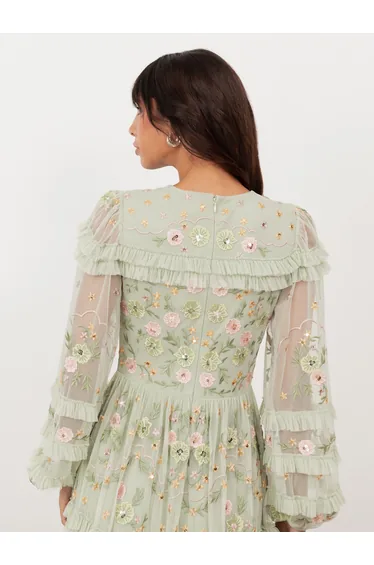 Maya Meadow Green Floral Embroidered Maxi Sleeve Maxi Dress with Frill & Sequin Detail