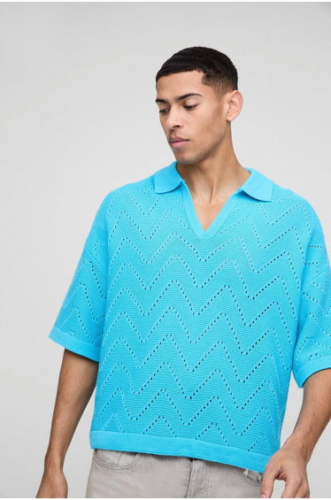 Oversized Boxy Geometric Stitch Polo - aqua