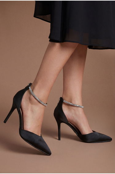 Sicily Satin Diamante Ankle Strap Comfort Sock Pointed Court Shoes