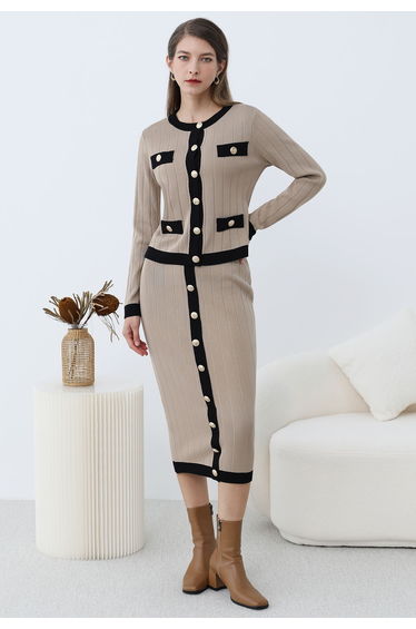 Contrast Trim Golden Button Knit Cardigan and Skirt Set in Taupe
