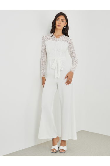 Lace Insert Long Sleeve Wide Leg Jumpsuit