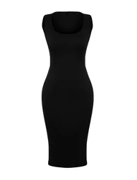 Black Midi Pool Neck Ribbed Flexible Knitted Midaxi Dress - 5