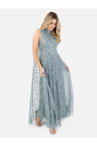 Maya Misty Green Fully Embellished High Neck Sleeveless Maxi Dress with Cape