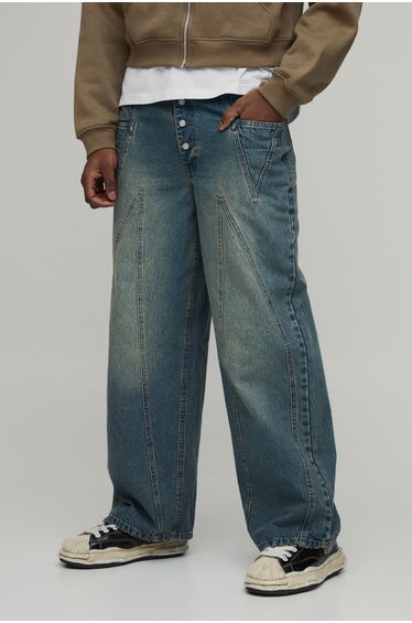 Baggy Panelled Washed Jeans - stonewash