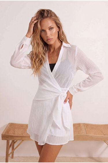 White Woven Mini Regular Tulle Beach Dress