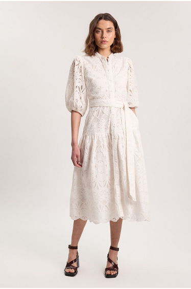 Scalloped Hem Broderie Midi Shirt Dress