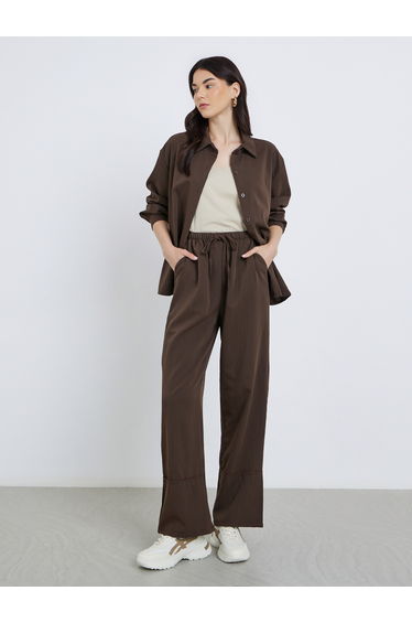 Solid Buttoned Shirt and Loose Pants Co-Ords