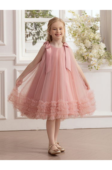 Girls Bow Tie Ruffle Hem Mesh Party Dress