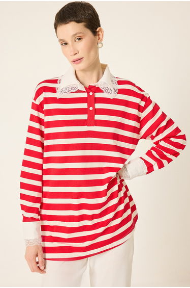 LACE COLLAR STRIPED THIN SWEATSHIRT