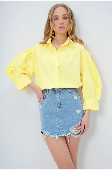 Women's Yellow Balloon Sleeve Hidden Placket Basic Poplin Shirt