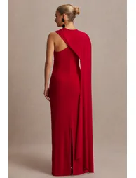 Tessy | Red Asymmetric-Neck Maternity Maxi Dress With Cape-Sleeve - 1