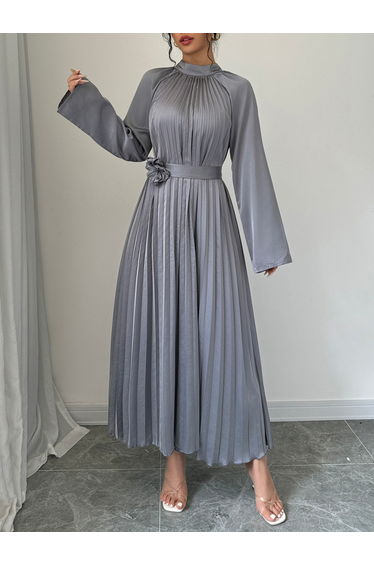 Grey Pleated Midi Dress with Flower Detail