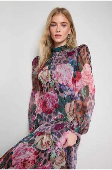 فستان اويسيس شيفون ميداكسي على شكل حرف A بأكمام طويلة بطبعة أزهار