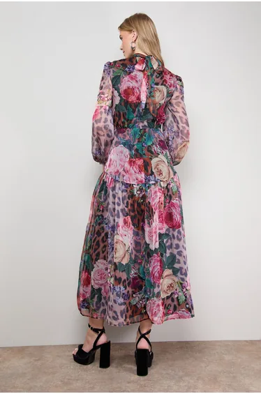 فستان اويسيس شيفون ميداكسي على شكل حرف A بأكمام طويلة بطبعة أزهار