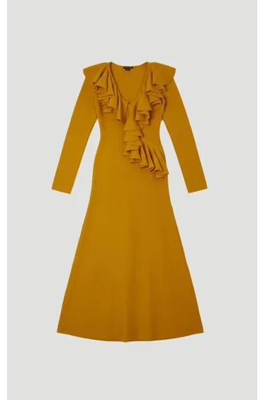 Compact Wool Look Ruffle V Neck Midi Dress