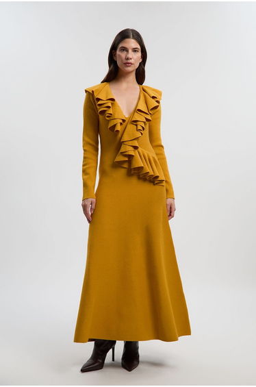 Compact Wool Look Ruffle V Neck Midi Dress