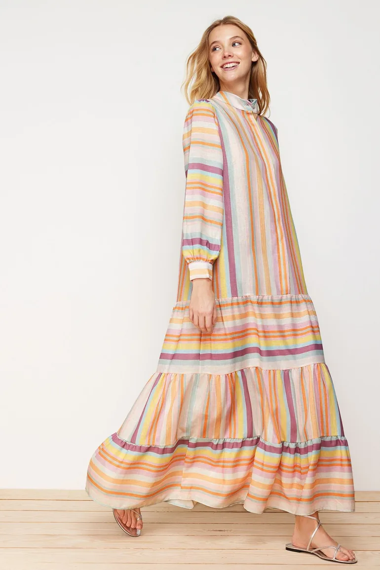 Multi Color Striped Skirt Ruffled Linen Look Woven Dress - 2