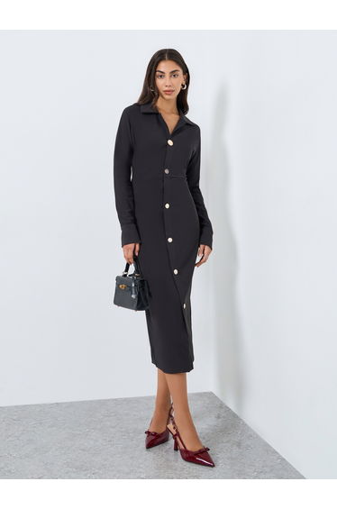 Black Buttoned Long Sleeves Midi Dress