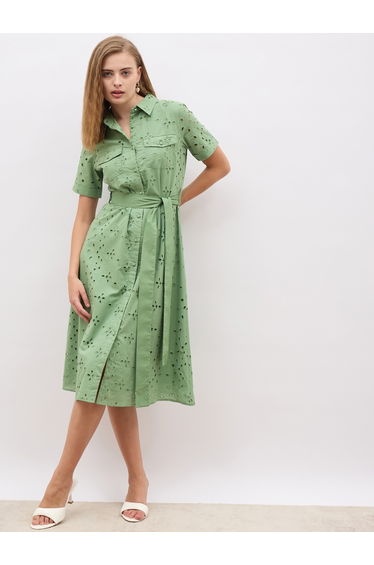 Schiffli Short Sleeve Shirt Midi Dress with Belt Detail