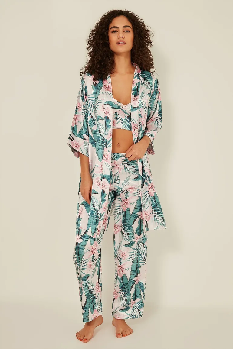 Women's Patterned 3 Piece Satin Pajama Set